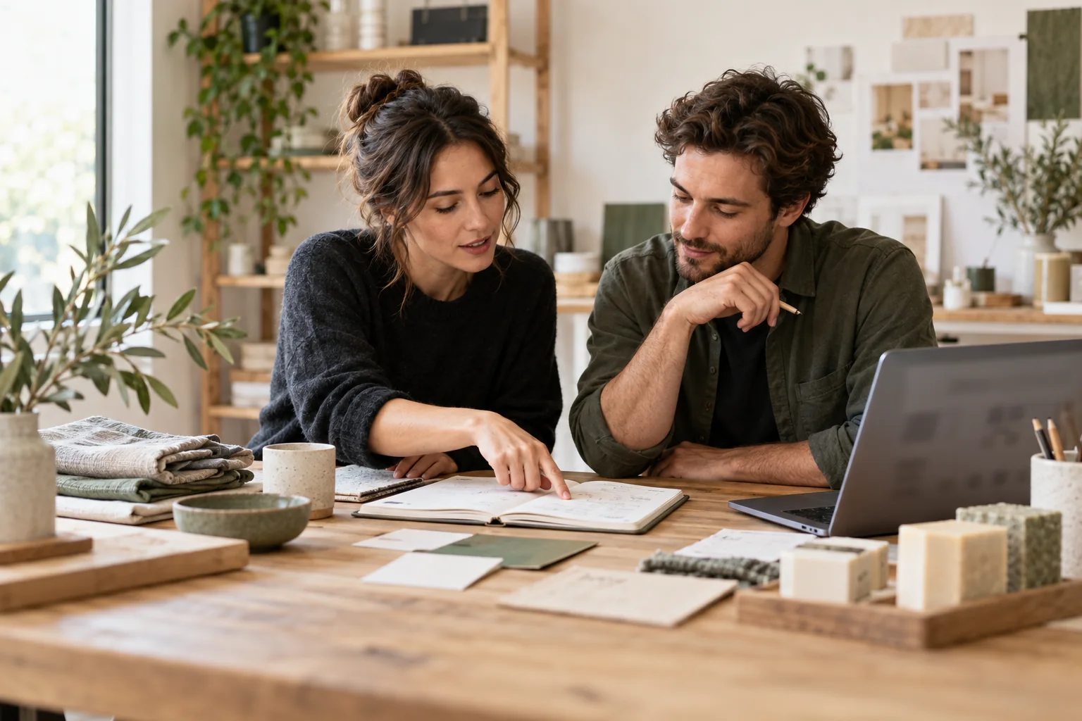 Two colleagues organising service details and business information for their website assistant
