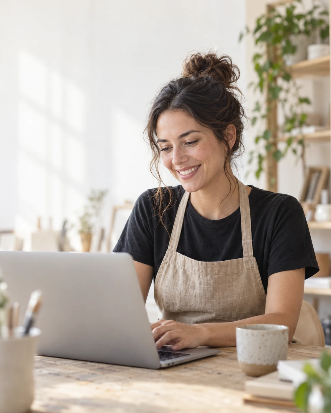 A business owner working at her laptop in a bright studio