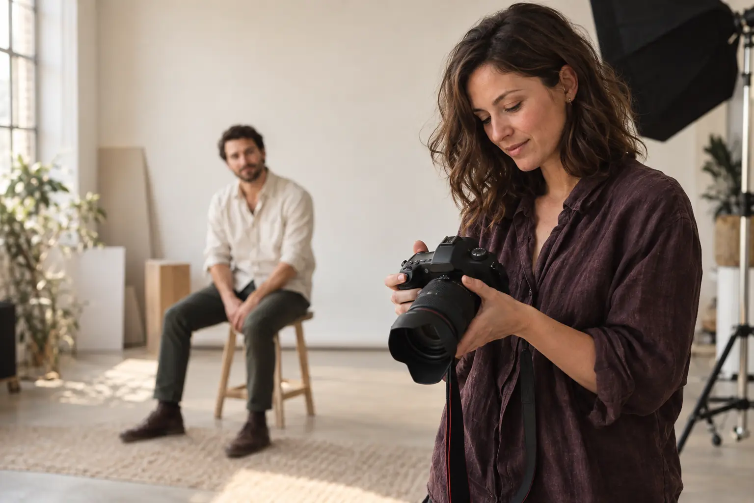A photographer preparing a portrait session in a bright studio
